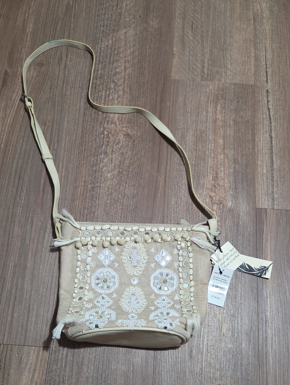 Boho Angel Martino Embroidered Beige Crossbody Bag with Tassel Accents